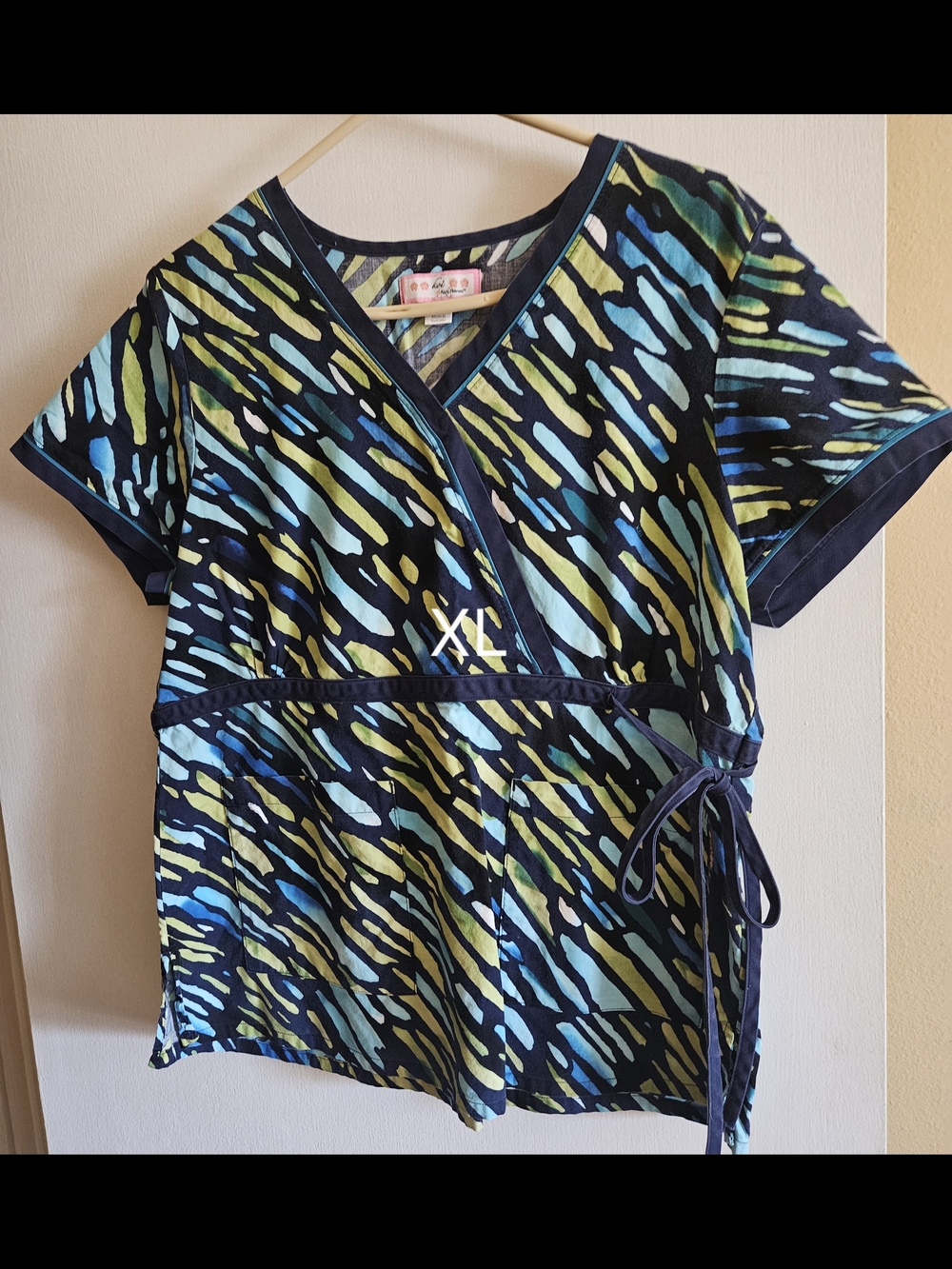Womens Vibrant Navy Blue & Lime Abstract Scrub Wrap Top